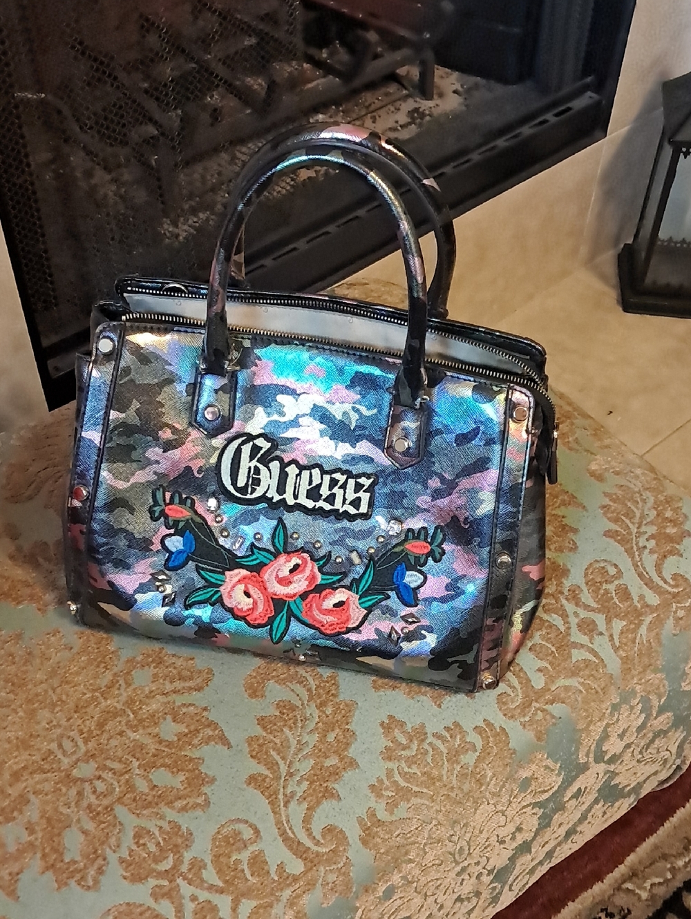 GUESS Multicolor Camouflage Satchel with Pink & Blue Floral Embroidery